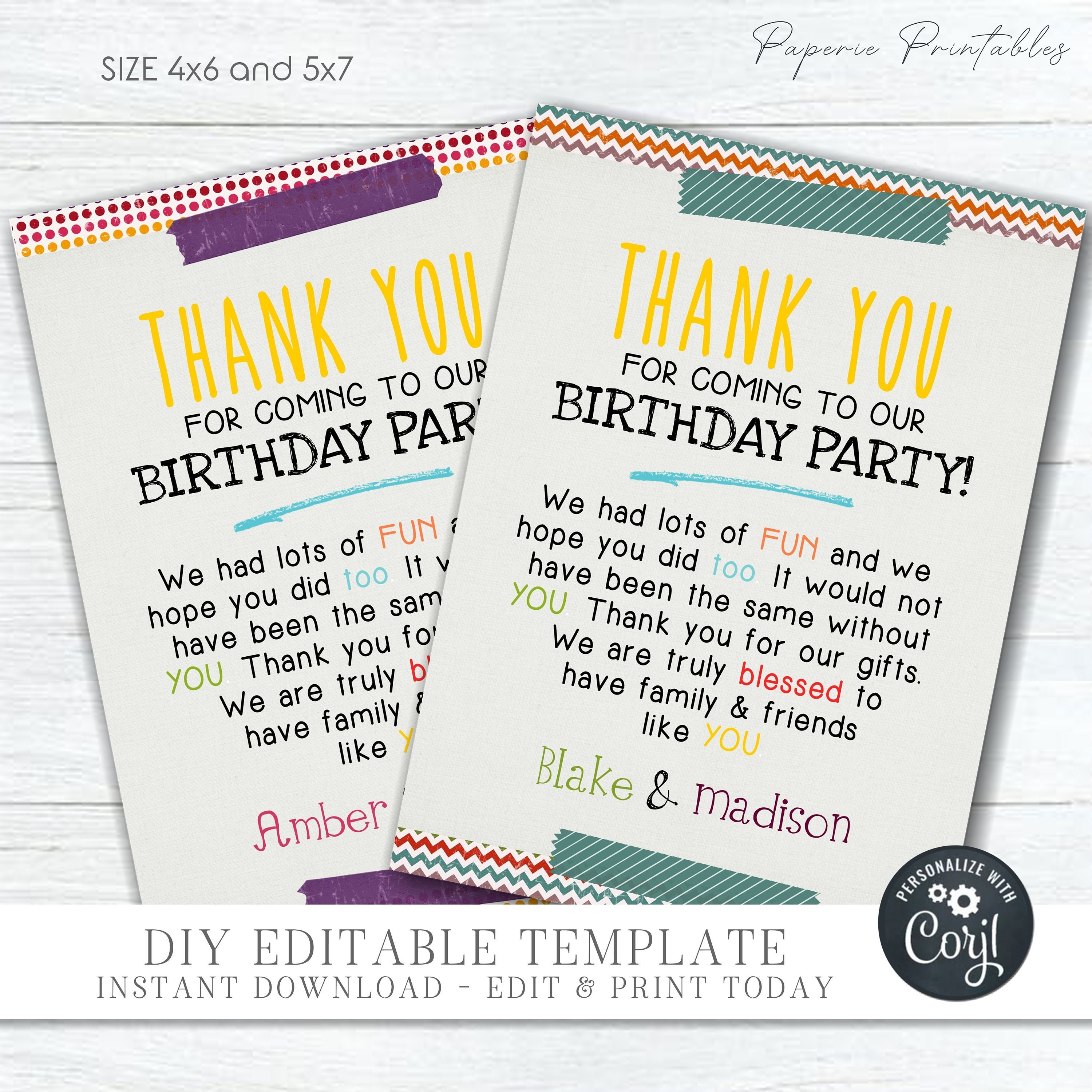 EDITABLE Kids Birthday Thank You Card Colorful Thank You Etsy EDITABLE Kids Birthday Thank You Card Colorful Thank You Etsy