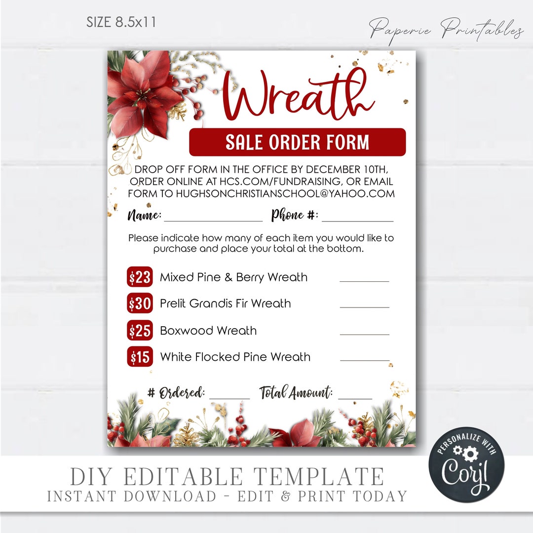EDITABLE Christmas Wreath Fundraising Order Form, Wreath Sale Order