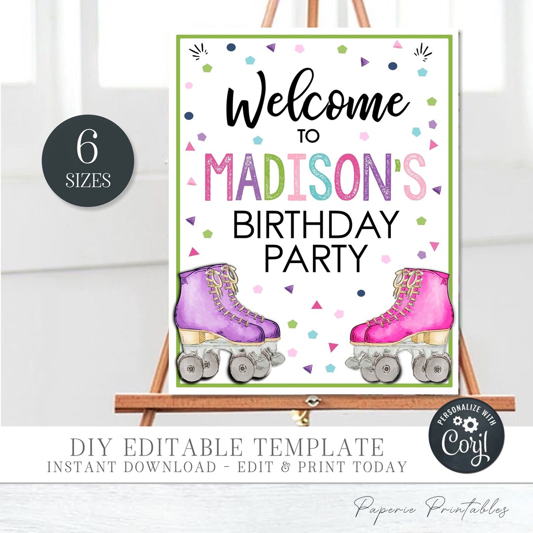 Roller Skating Birthday Welcome Sign: Editable Party Poster (digital) # ...