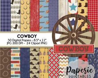 Cowboy Digital Paper - 8.5"x11" Digital Scrapbooking Paper - 50 Papers & 25 Clipart - Cowboy Scrapbook Paper - Instant Download -