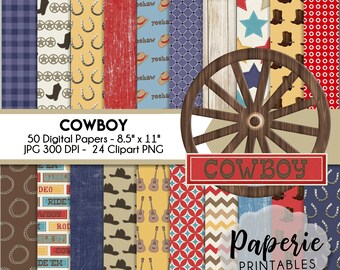 Cowboy Scrapbook Paper: 50 Digital Papers & 25 Clipart (8.5"x11")