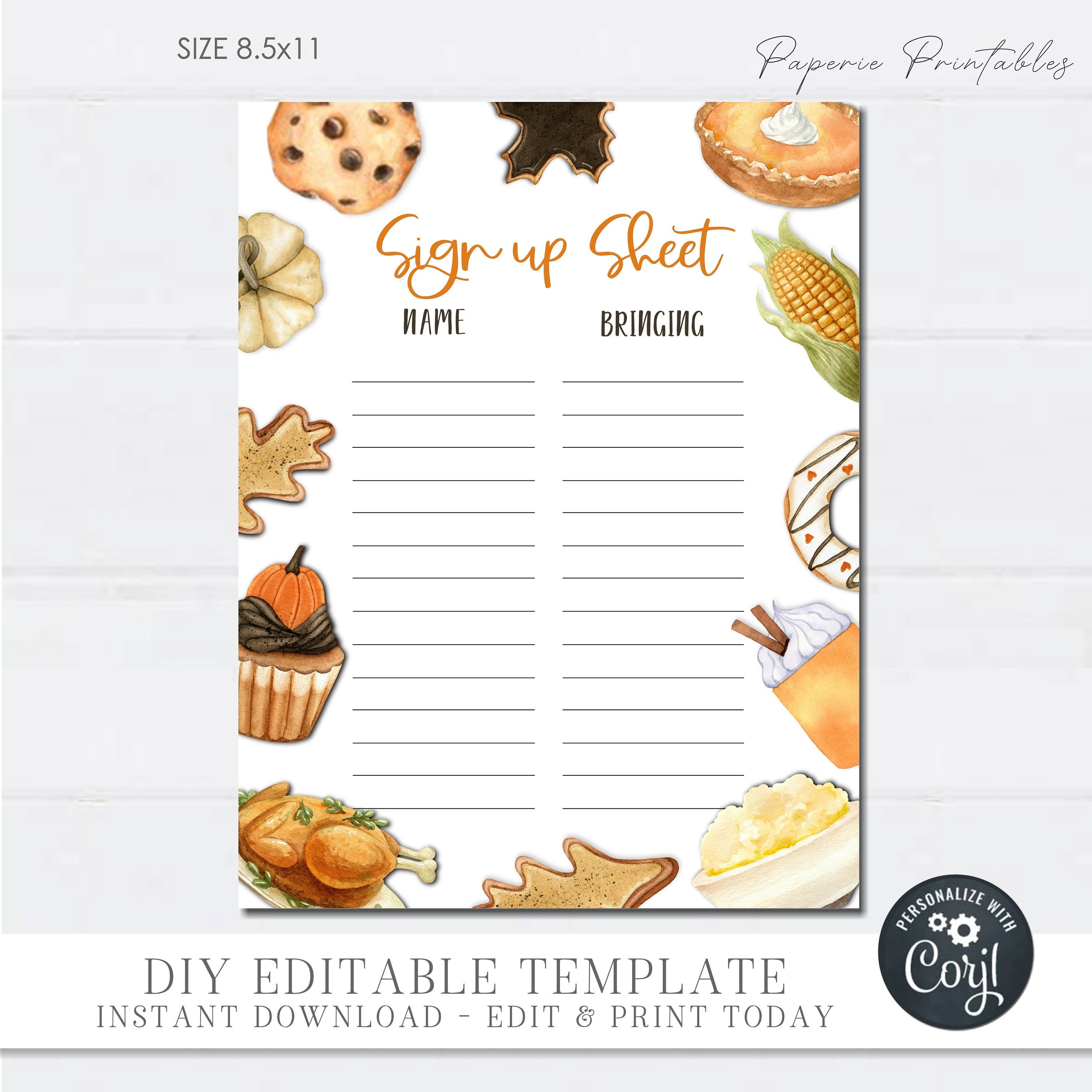 thanksgiving potluck sign up sheet: editable diy form (digital