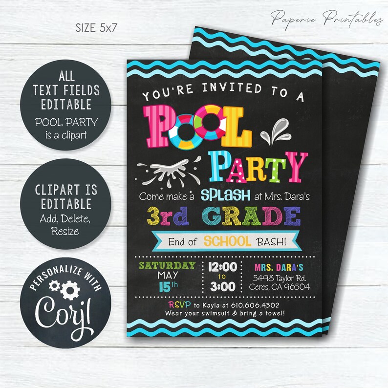 Editable End of School Pool Party Invitation (DIY With Corjl) - Etsy