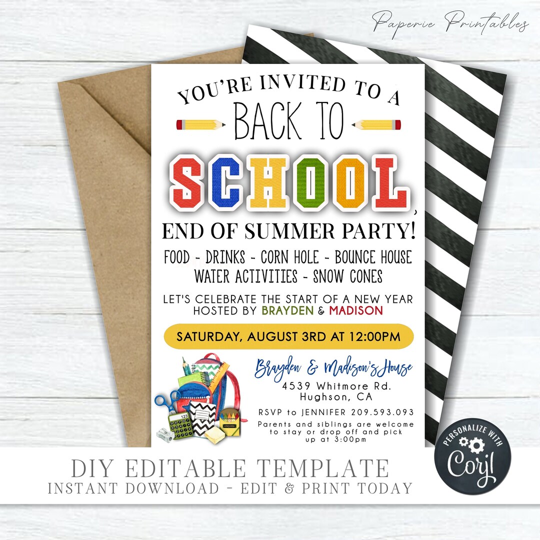 Editable Back To School Party Invitation DIY Corjl Template Etsy