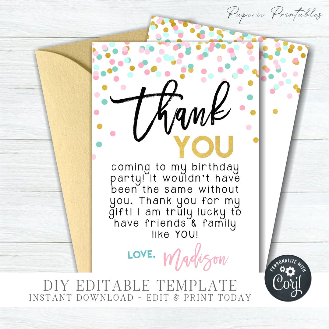 EDITABLE Confetti Birthday Thank You Card Confetti Thank You Template ...