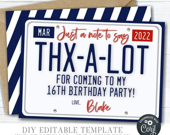 Editable 16th Birthday License Plate Thank You Card (DIY Printable) #BP75