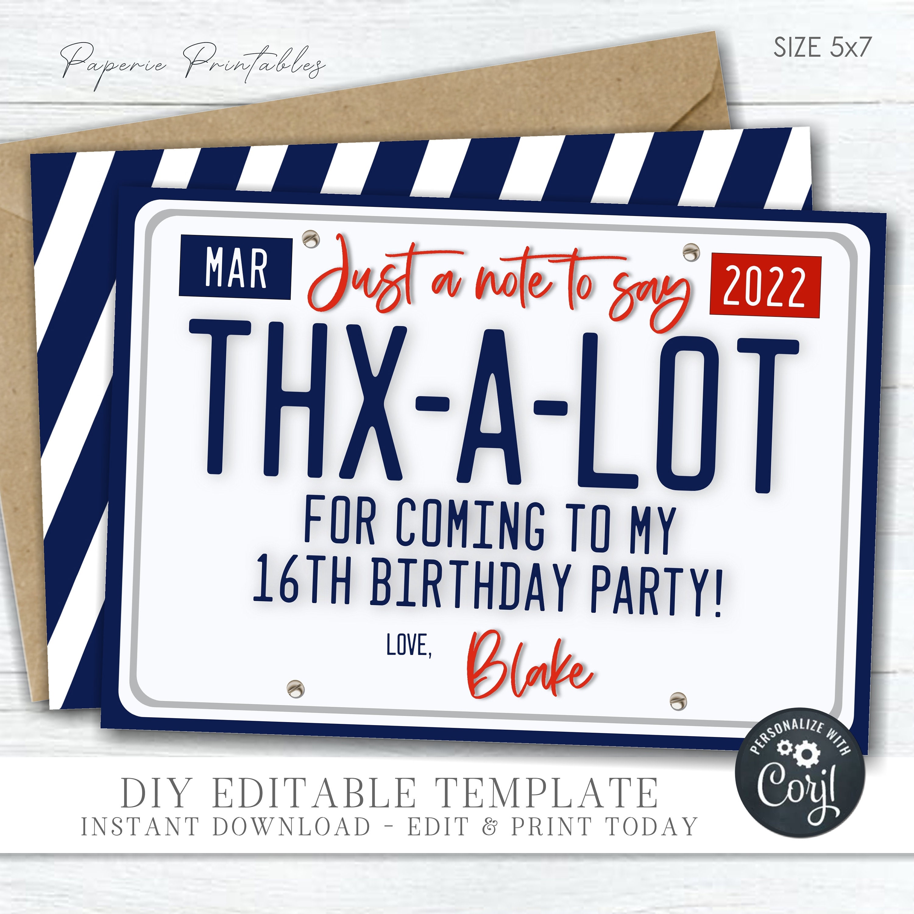 Editable 16th Birthday License Plate Thank You Card (DIY Printable