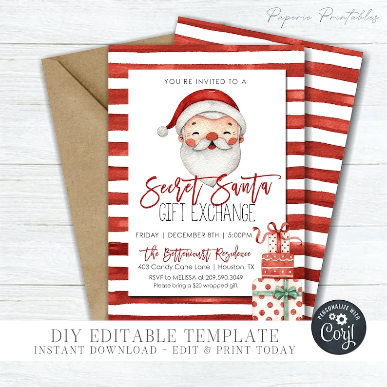 Editable Secret Santa Invitation: Christmas Party Gift Exchange (DIY Corjl Template) #CP46 image 1