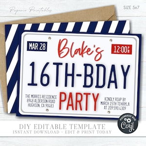 EDITABLE 16th Birthday License Plate Invitation, License Plate Birthday Invitation, Sweet 16 Birthday Invitation, DIY Edit with Corjl- #BP75