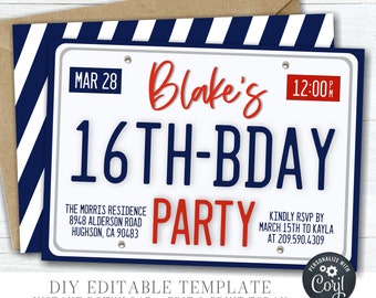 EDITABLE 16th Birthday License Plate Invitation, License Plate Birthday Invitation, Sweet 16 Birthday Invitation, DIY Edit with Corjl- #BP75