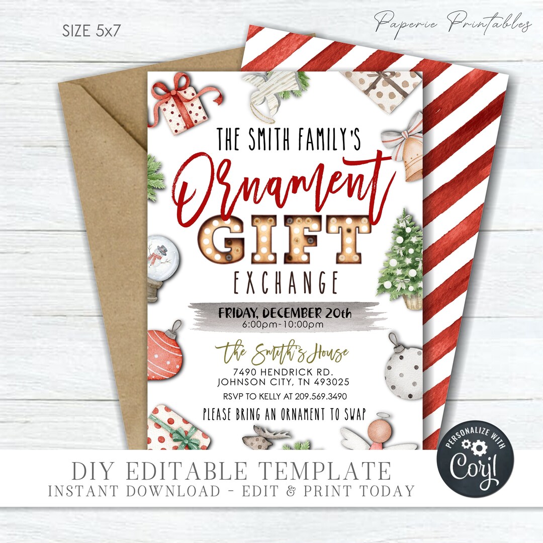 EDITABLE Ornament Gift Exchange Party Invitation Christmas Ornament