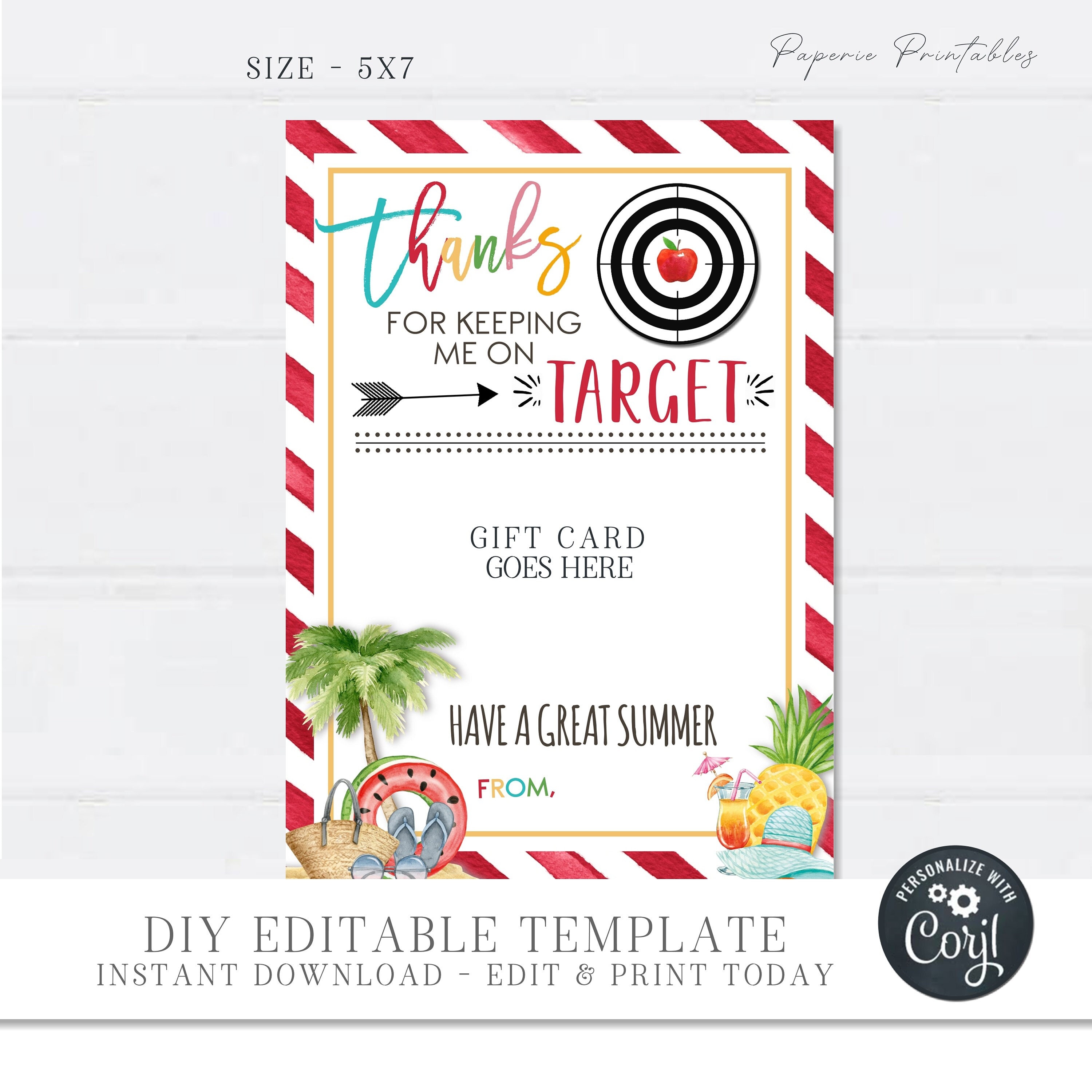 EDITABLE End of School Teacher Gift Card Holder, Thanks for keeping me on Target, Gift Card Holder Printable, Teacher Printable - DIY #STG14