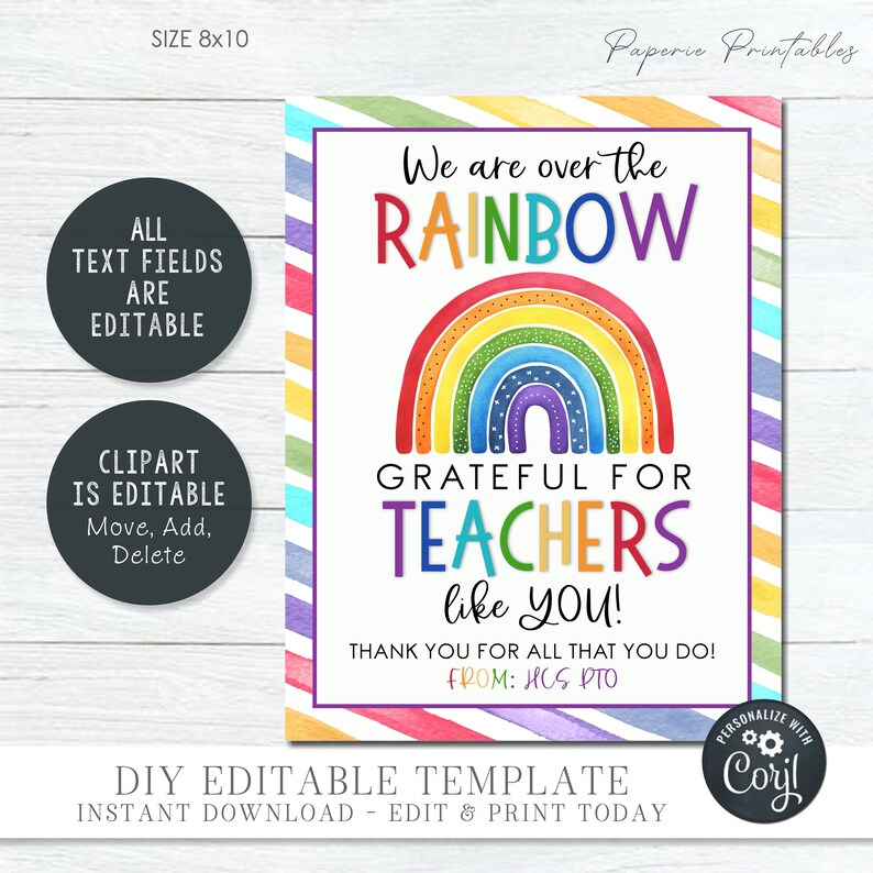 Rainbow Teacher Appreciation Sign: Editable Thank You Gift (digital ...