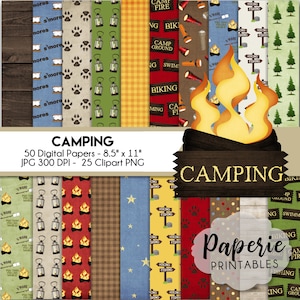Camping Digital Paper - 8.5x11 Digital Scrapbooking Paper - 50 Papers & 25 Clipart - Camping Scrapbook Paper - Instant Download -