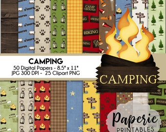 Peut inclure: Un ensemble de 50 papiers numériques et 25 images PNG clipart sur le thème du camping. Les papiers comprennent divers motifs avec des icônes de camping, comme des feux de camp, des tentes, des étoiles et des empreintes de pattes. Le clipart comprend des images de lanternes, de panneaux et d'autres articles liés au camping. Les papiers mesurent 21,6 cm sur 27,9 cm et 300 DPI.