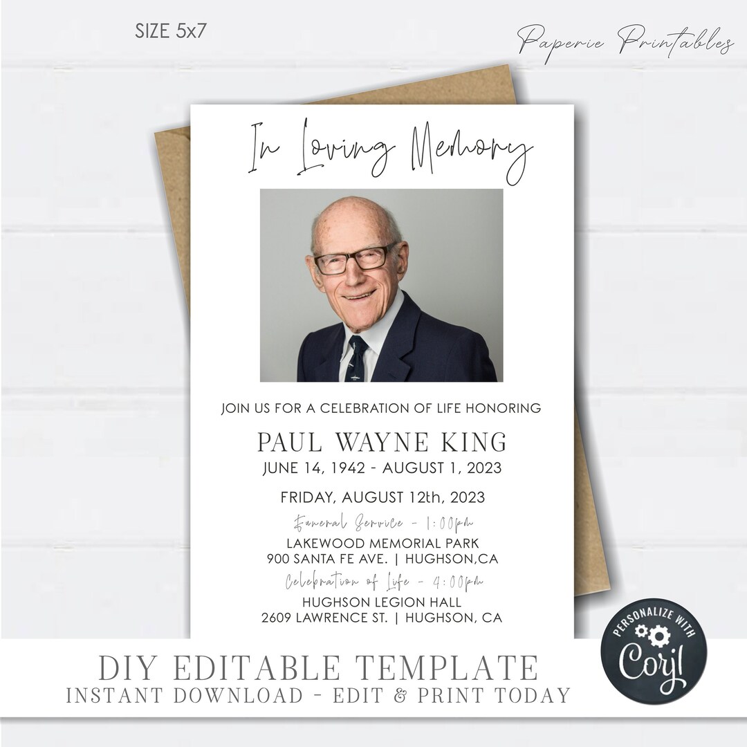 EDITABLE Funeral Announcement Template, Memorial Service Invitation