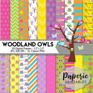 Woodland Owl Pattern Digital Paper - 12x12 Digital Scrapbooking Paper - 30 Papers - Scrapbook Paper - Woodland Owl Clipart-Instant Download-