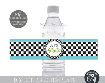 Puede incluir: Plantilla de etiqueta de botella de agua editable con un patrón a cuadros y el texto "Let's Skate" en un círculo verde. La etiqueta mide 2 pulgadas por 8 pulgadas y está disponible en 5 diseños.