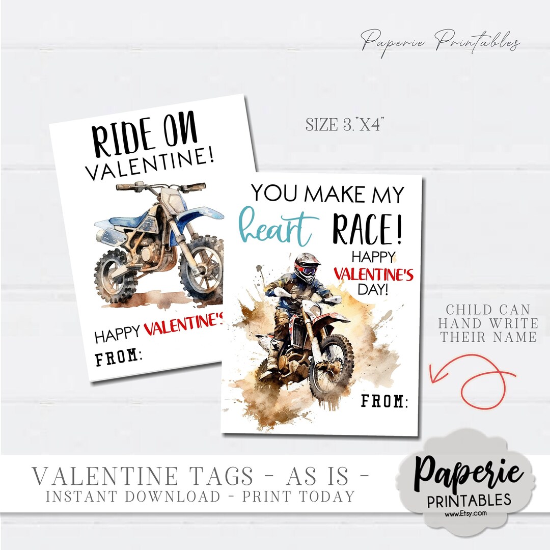 Motocross Valentine Tags, Kids Valentine Cards, Dirt Bike Valentine ...