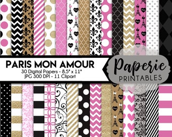 Paris Scrapbook Paper: Eiffel Tower Clipart, Pink Patterns (Digital Download)