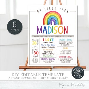 EDITABLE Rainbow Birthday Milestone Poster, Rainbow Birthday Stats Sign, Rainbow First Birthday Milestone Poster, DIY with Corjl - #BP161
