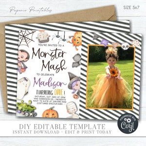 May include: A printable invitation for a Monster Mash birthday party. The invitation features a black and white striped background with a photo frame in the center. The invitation is decorated with cartoon monsters and the text "You're invited to a Monster Mash to celebrate Madison turning one!"