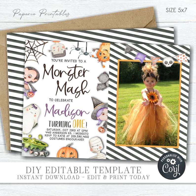 May include: A printable invitation for a Monster Mash birthday party. The invitation features a black and white striped background with a photo frame in the center. The invitation is decorated with cartoon monsters and the text "You're invited to a Monster Mash to celebrate Madison turning one!"