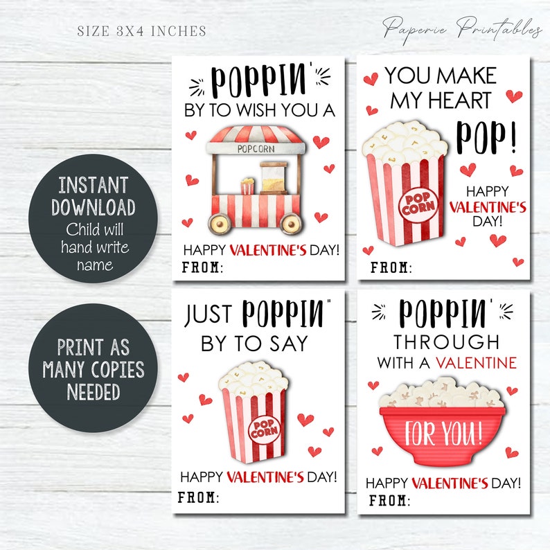 Popcorn Valentine Cards for Kids, Kids Valentine Cards, Popcorn Valentine Tags, Printable School Valentine, AS-IS, Instant Download, VT53 image 5