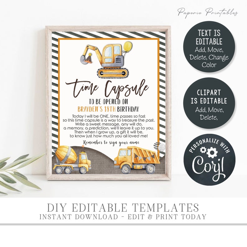 Construction Birthday Time Capsule Sign & Cards (DIY Editable Corjl) # ...