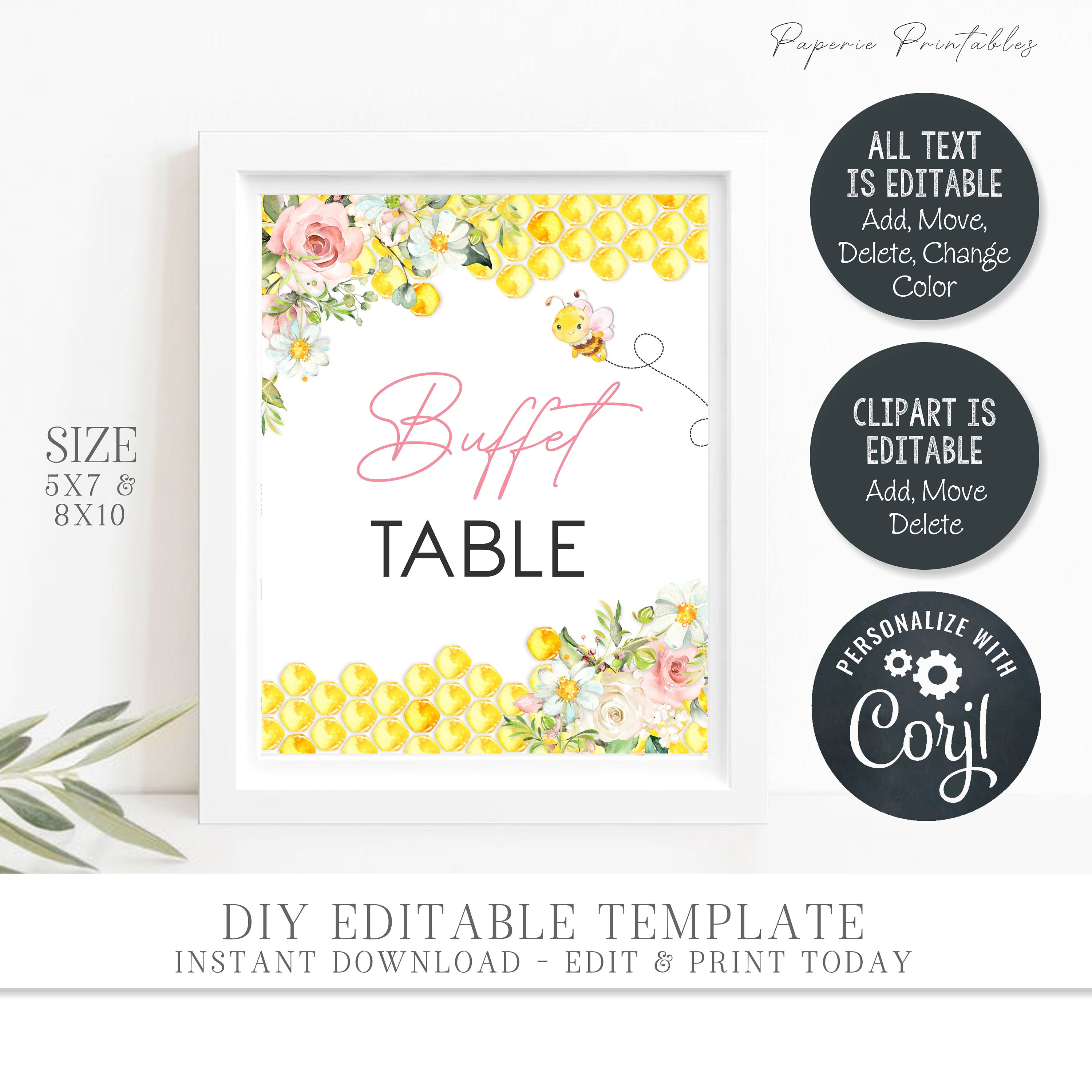 Baby shower Place CARDS or FOOD TENTS editable printable with yellow bee  for boys and girls, instant download - bee01