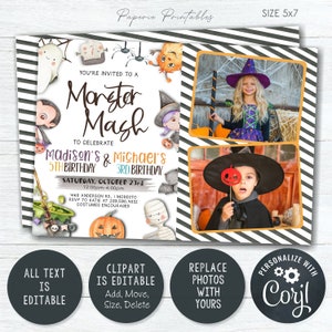 May include: A printable invitation for a Monster Mash birthday party. The invitation features a black and white striped background with orange and black accents. The text on the invitation reads "You're invited to a Monster Mash to celebrate Madison's 5th Birthday & Michael's 3rd Birthday. Saturday, October 23rd, 12:00pm-4:00pm, 4410 Anderson Rd. I Modesto, RSVP to Katie at 209.590.4032, Costumes encouraged."