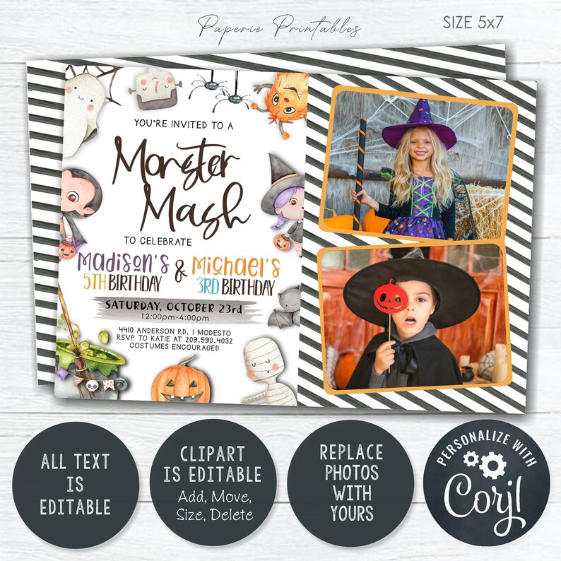May include: A printable invitation for a Monster Mash birthday party. The invitation features a black and white striped background with orange and black accents. The text on the invitation reads "You're invited to a Monster Mash to celebrate Madison's 5th Birthday & Michael's 3rd Birthday. Saturday, October 23rd, 12:00pm-4:00pm, 4410 Anderson Rd. I Modesto, RSVP to Katie at 209.590.4032, Costumes encouraged."