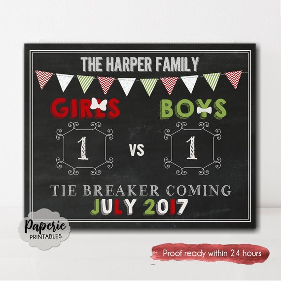 PRINTABLE Personalized Tie Breaker Baby #3 Chalkboard Pregnancy Baby  Announcement / Baby Number Three / Pink Teal / Sign / Photo Prop JPEG