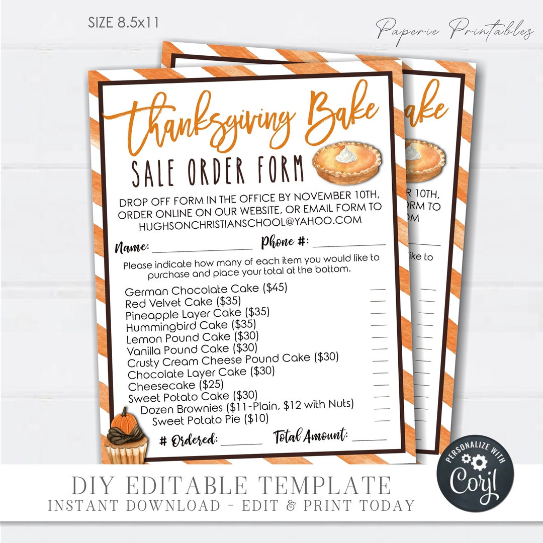 EDITABLE Thanksgiving Bake Sale Order Form, Pie Sale Order Form EDITABLE Thanksgiving Bake Sale Order Form, Pie Sale Order Form