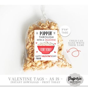 Popcorn Valentine Cards for Kids, Kids Valentine Cards, Popcorn Valentine Tags, Printable School Valentine, AS-IS, Instant Download, VT53 image 6