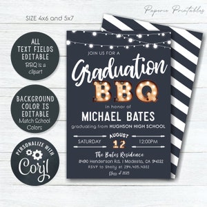 May include: A navy blue graduation BBQ invitation with white text and string lights. The invitation includes the graduate's name, school, date, time, and location. The back of the invitation has a black and white striped pattern.