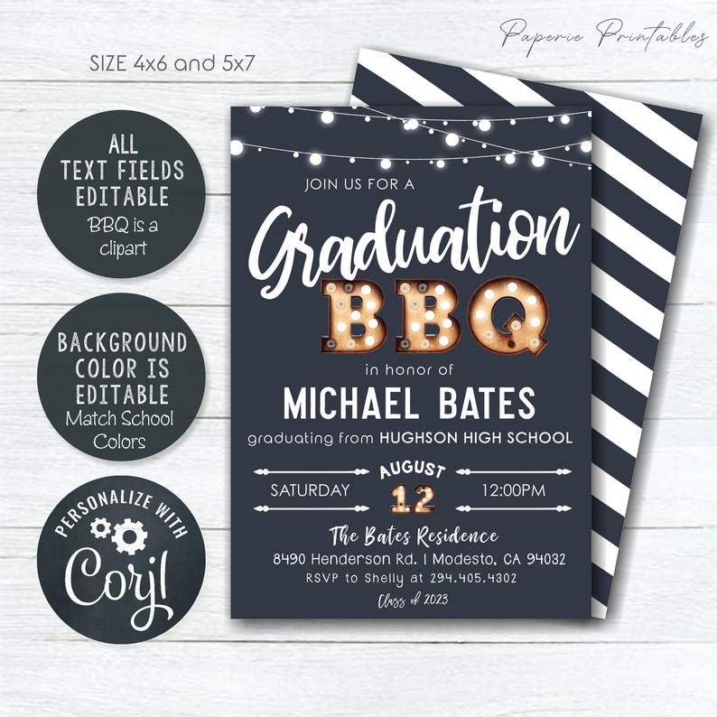 May include: A navy blue graduation BBQ invitation with white text and string lights. The invitation includes the graduate's name, school, date, time, and location. The back of the invitation has a black and white striped pattern.