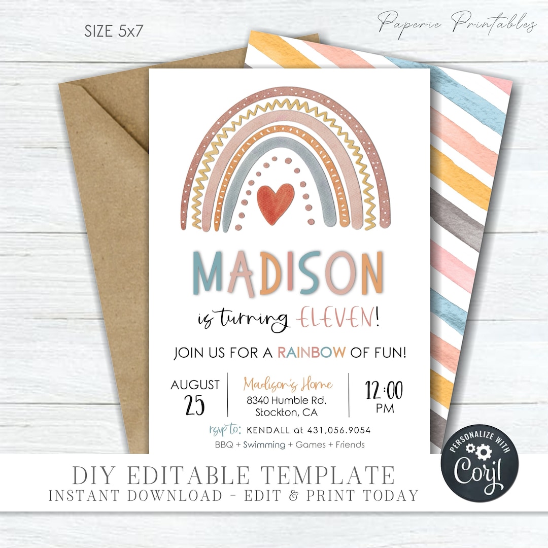 EDITABLE Boho Rainbow Birthday Invitation, Rainbow Invitation, Boho