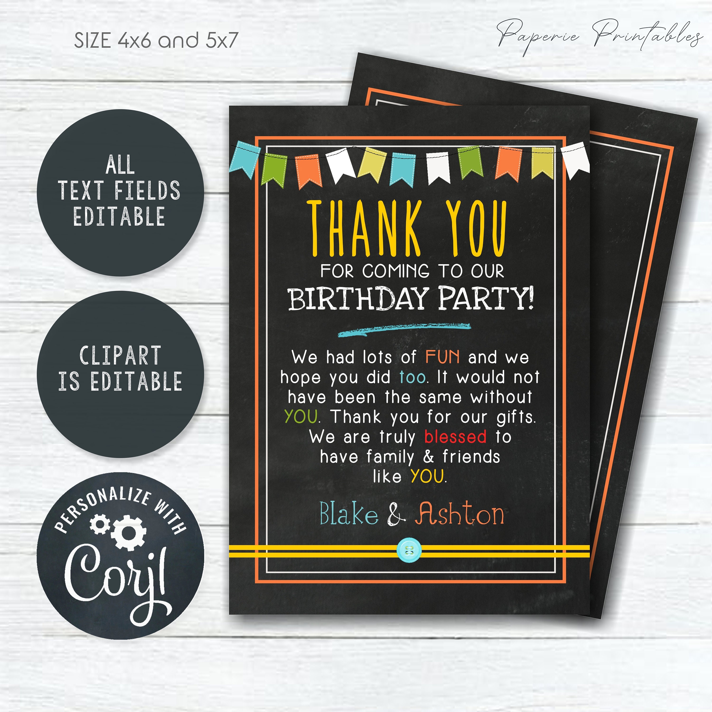 EDITABLE Kids Birthday Thank You Card Colorful Thank You - Etsy