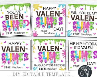 EDITABLE Slime Valentine Cards, Valen-Slime Cards, School Valentine Tags, Kid Printable Valentines, Slime Printable, DIY Corjl - #VT65