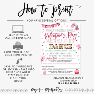 May include: Pink and white printable Valentine's Day dance invitation with a cupcake graphic. The invitation includes the date, time, location, and information about the event. It also includes a section for guests to fill out their names and the number of guests attending.
