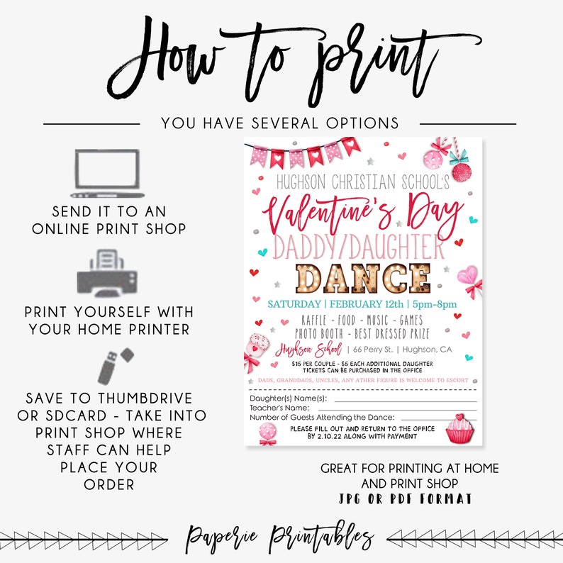 May include: Pink and white printable Valentine's Day dance invitation with a cupcake graphic. The invitation includes the date, time, location, and information about the event. It also includes a section for guests to fill out their names and the number of guests attending.