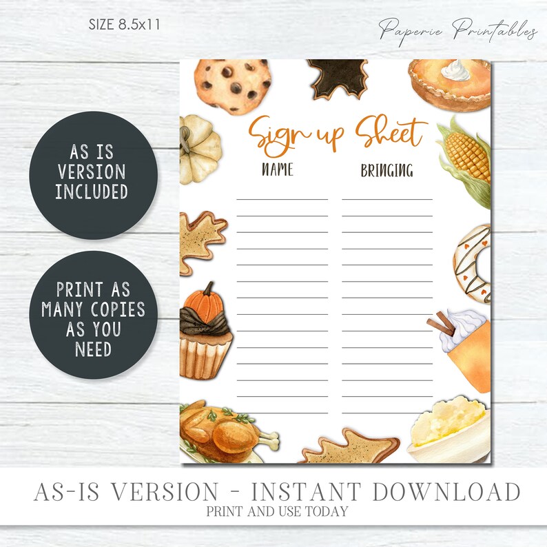 Pu&ograve; includere: Foglio di registrazione stampabile a tema autunnale. Il foglio ha uno sfondo bianco con un bordo marrone ed &egrave; decorato con illustrazioni a tema autunnale come zucche, foglie e biscotti. Il testo "Sign up Sheet" &egrave; scritto in marrone nella parte superiore del foglio. Il foglio &egrave; diviso in due colonne, una etichettata come "Name" e l'altra come "Bringing".