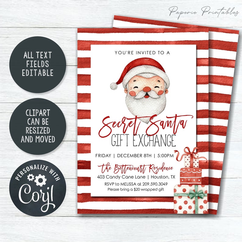 Editable Secret Santa Invitation: Christmas Party Gift Exchange (DIY Corjl Template) #CP46 image 2