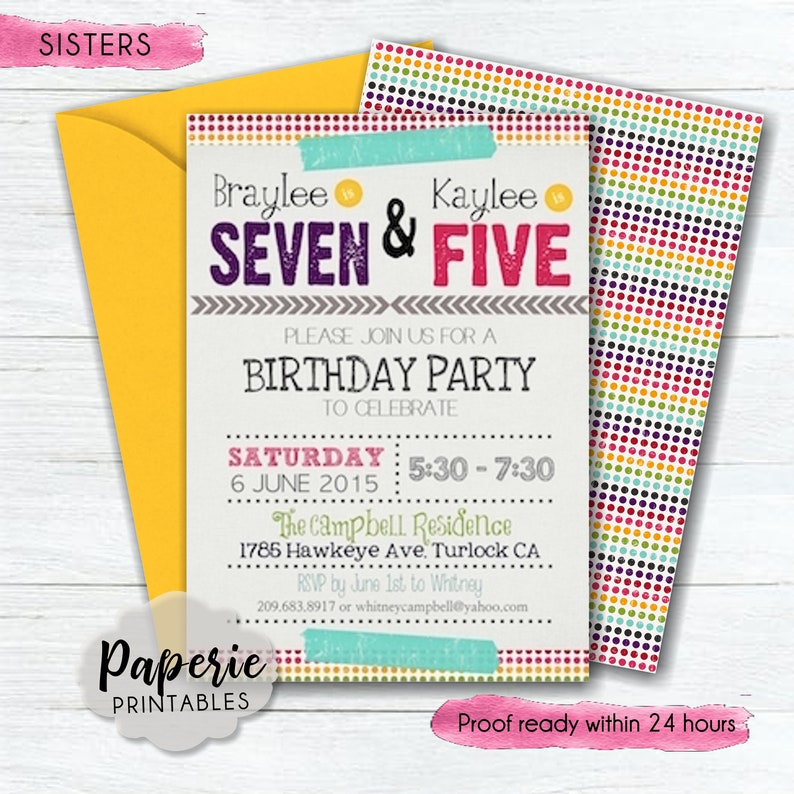 Sisters Birthday Party Invitation Colorful Joint Birthday Etsy