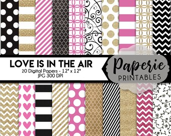 Pink, Gold Glitter, Black & White Pattern Digital Paper - 12x12 Digital Scrapbooking Paper - 20 Papers - Heart Paper - Instant Download -