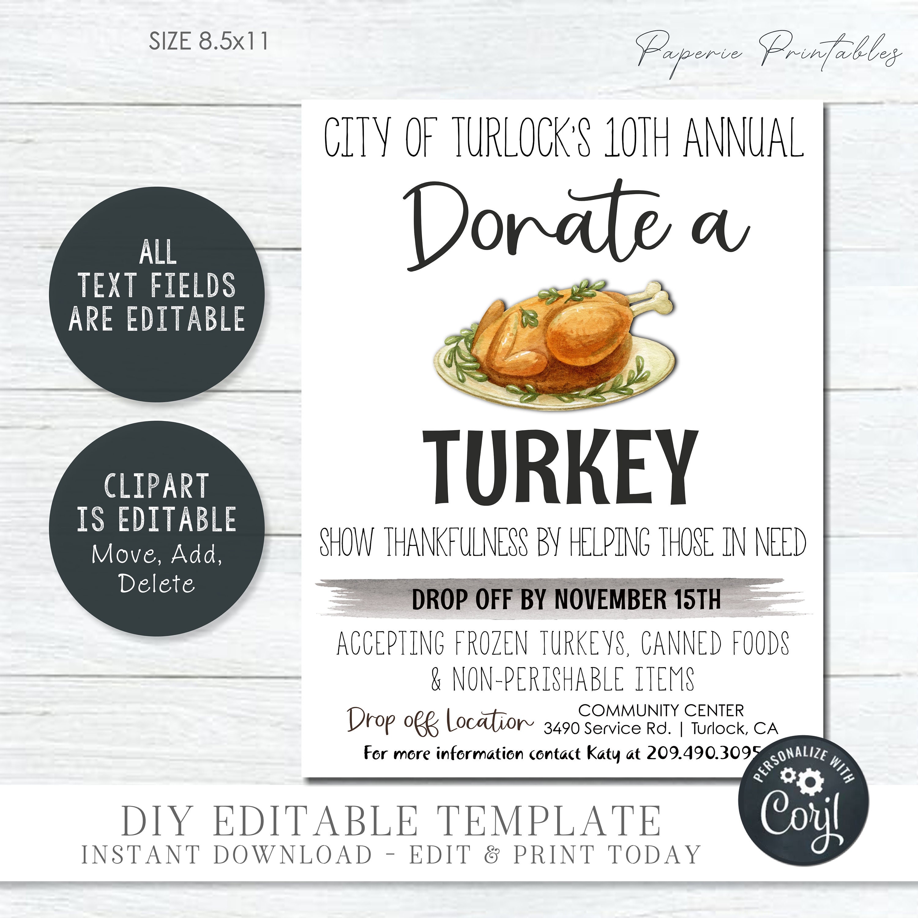 editable thanksgiving turkey drive flyer: community event (diy