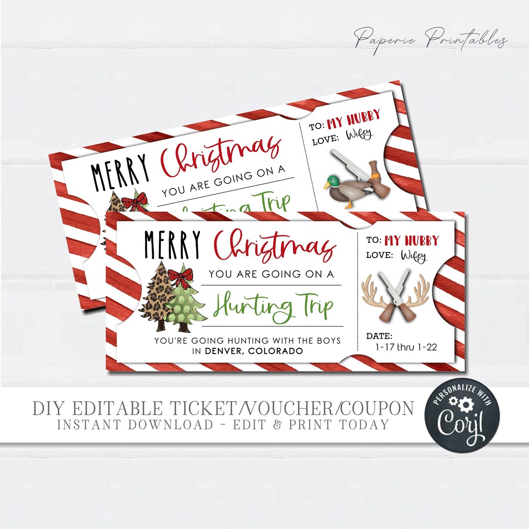 EDITABLE Hunting Trip Christmas Gift Coupon, Christmas Hunting Trip