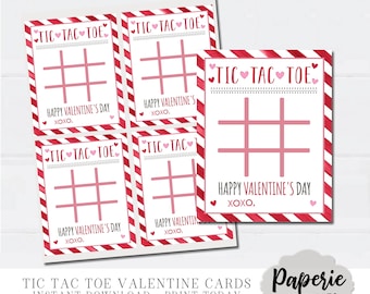 May include: Four printable Valentine's Day Tic Tac Toe cards with a red and white striped background. Each card has a pink grid and the text "Tic Tac Toe" with pink hearts. The text "Happy Valentine's Day XOXO" is at the bottom of each card.