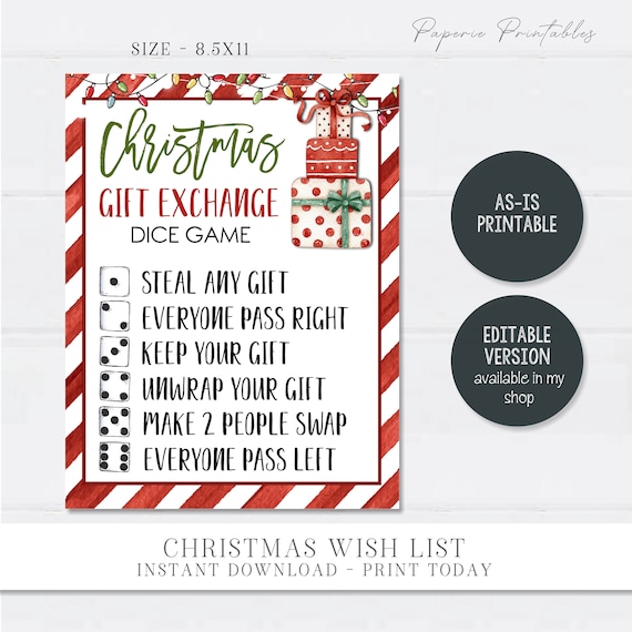 Christmas White Elephant Gift Exchange Rules Printable, Holiday